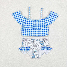 Load image into Gallery viewer, Baby Girls Blue Checkered Top Floral Bummie Two Pieces Swimsuits
