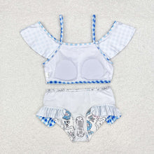 Load image into Gallery viewer, Baby Girls Blue Checkered Top Floral Bummie Two Pieces Swimsuits

