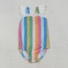 Load image into Gallery viewer, Baby Girls Flutter Sleeves Colorful Stripe One Piece Swimsuits
