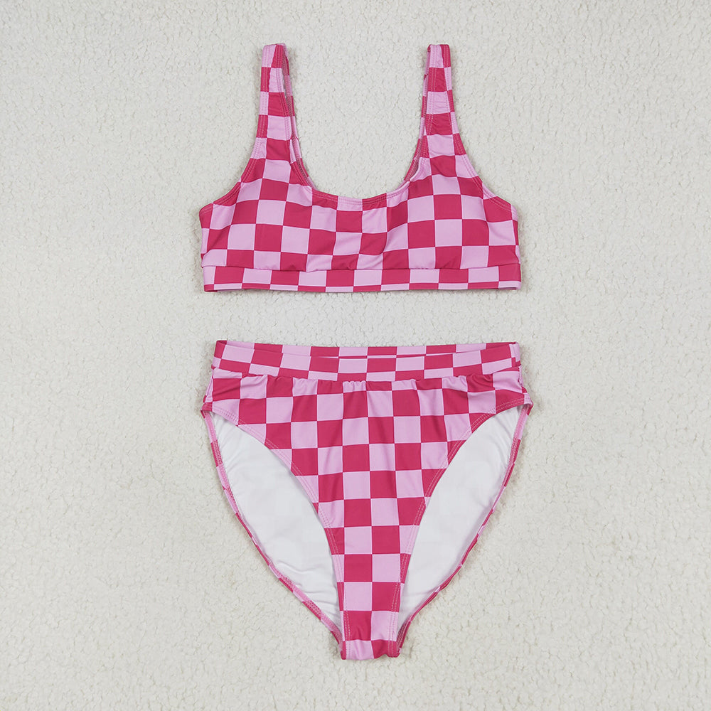 Adult Women Pink Checkered Top Bottom Swimsuits Sets
