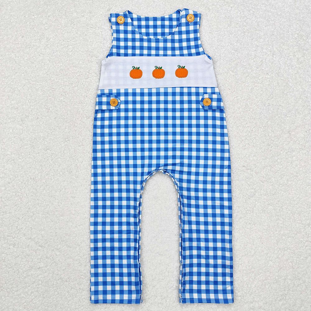 Baby Infant Boys Blue Checkered Pumpkin Rompers