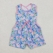 Load image into Gallery viewer, Baby Girls Blue Pink Flowers Sleeveless Bows Shorts Jumpsuits
