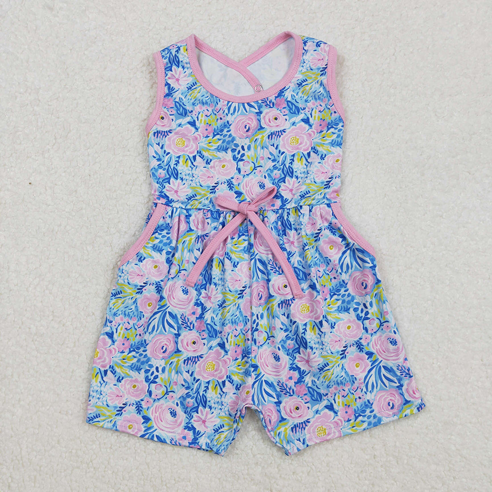 Baby Girls Blue Pink Flowers Sleeveless Bows Shorts Jumpsuits