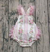 Load image into Gallery viewer, Baby Infant Girls Pink Tulle Strap Floral Stripe Ruffle Rompers

