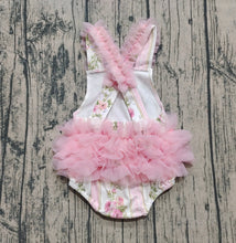 Load image into Gallery viewer, Baby Infant Girls Pink Tulle Strap Floral Stripe Ruffle Rompers
