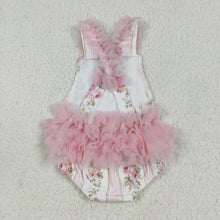 Load image into Gallery viewer, Baby Infant Girls Pink Tulle Strap Floral Stripe Ruffle Rompers
