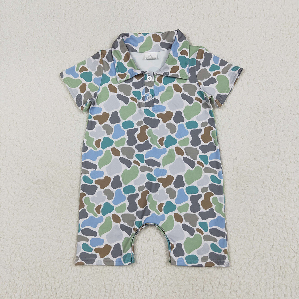 Baby Infant Boys Short Sleeves Blue Camo Button Rompers