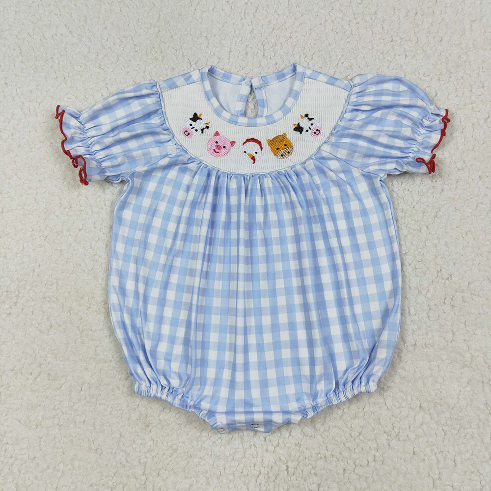 Baby Infant Girls Blue Plaid Cows Pigs Farm Smocked Rompers
