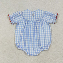 Load image into Gallery viewer, Baby Infant Girls Blue Plaid Cows Pigs Farm Smocked Rompers
