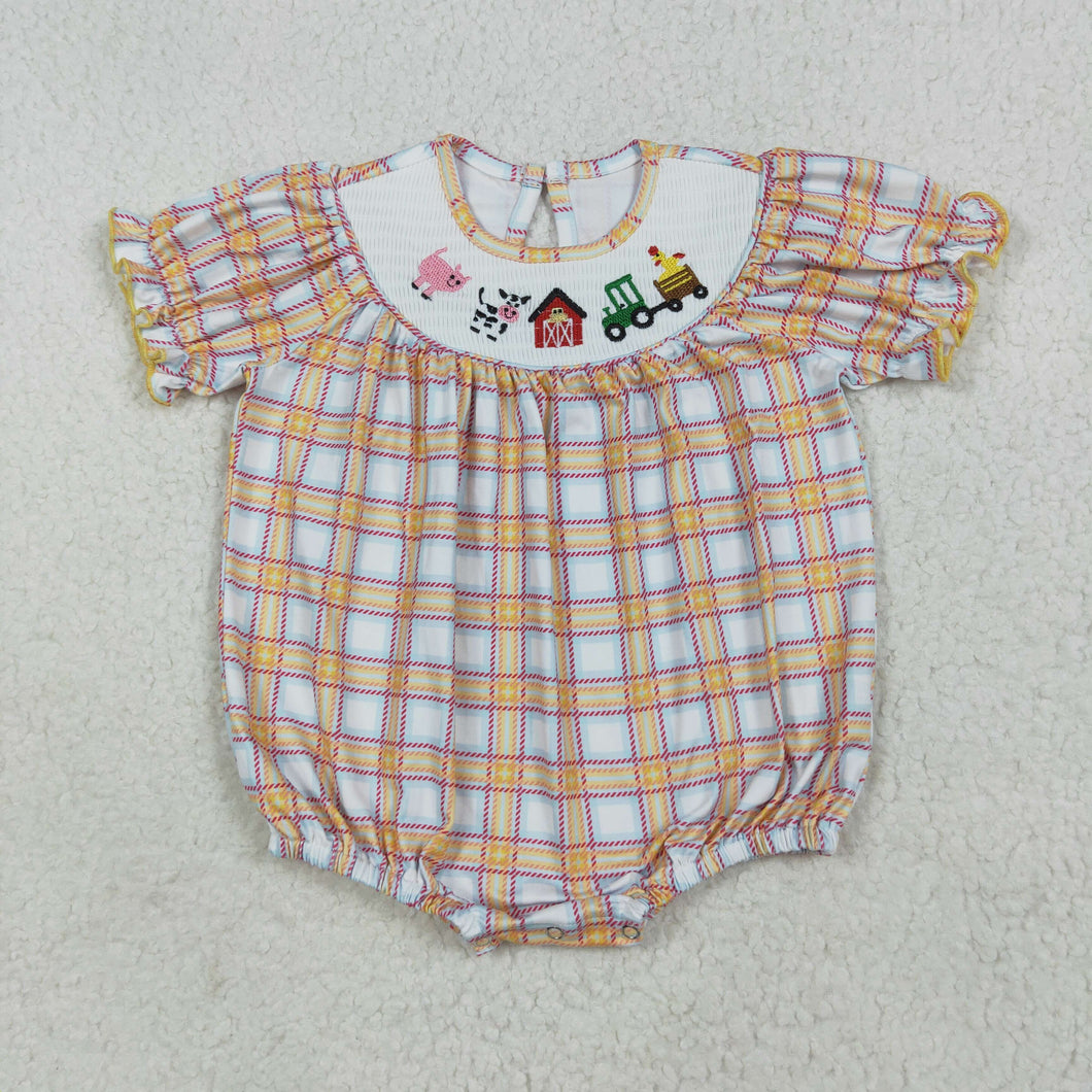 Baby Infant Girls Fall Plaid Cows Farm Smocked Rompers