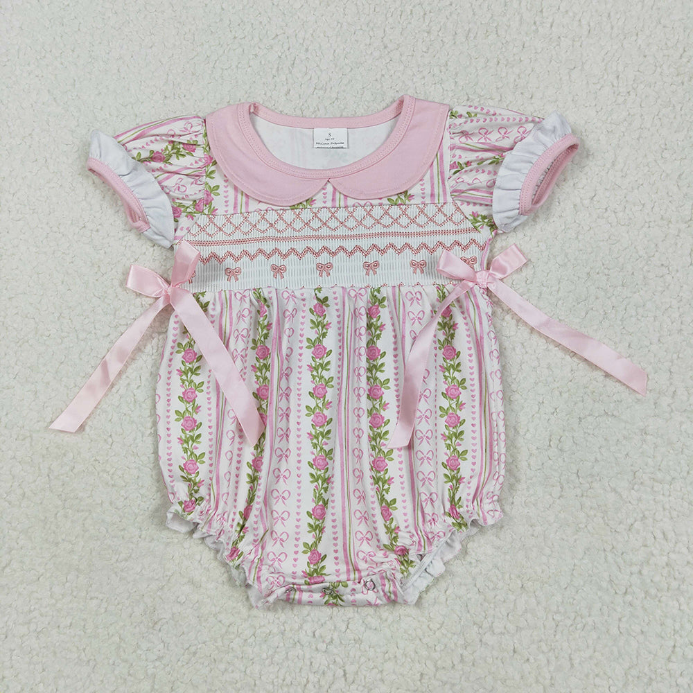 Smocked Embroidery Baby Infant Girls Pink Floral Bows Ruffle Rompers