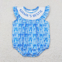 Load image into Gallery viewer, Baby Girls Blue Mama&#39;s Bestie Bows Ruffle Rompers
