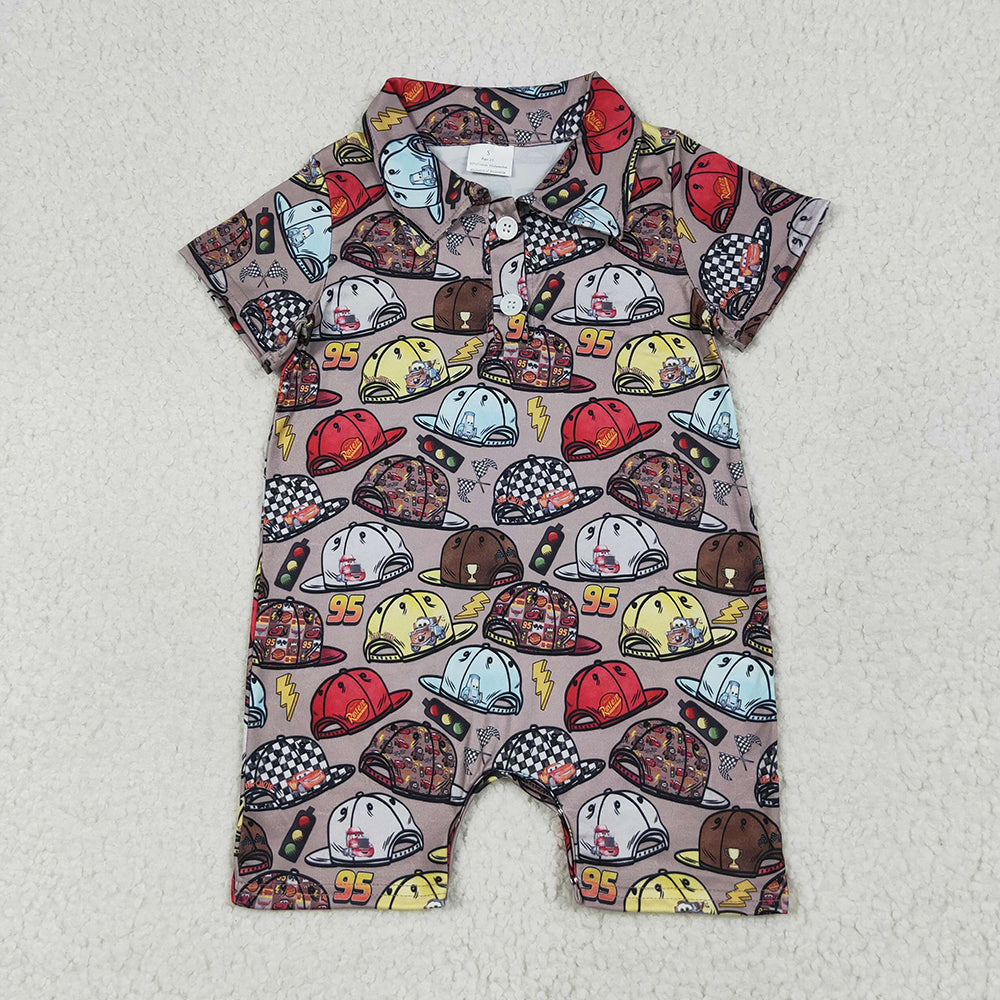 Baby Boys Brown Short Sleeves Cartoon Hats Button Rompers