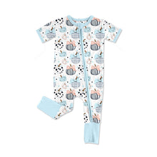 Load image into Gallery viewer, Baby Infant Girls Blue Bows Pumpkins Fall Zipper Footie Rompers
