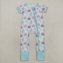Load image into Gallery viewer, Baby Infant Girls Blue Bows Pumpkins Fall Zipper Footie Rompers
