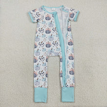 Load image into Gallery viewer, Baby Infant Girls Blue Bows Pumpkins Fall Zipper Footie Rompers
