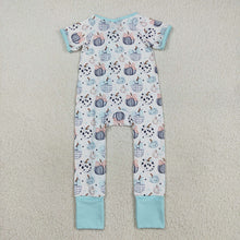 Load image into Gallery viewer, Baby Infant Girls Blue Bows Pumpkins Fall Zipper Footie Rompers
