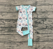 Load image into Gallery viewer, Baby Infant Girls Blue Bows Pumpkins Fall Zipper Footie Rompers
