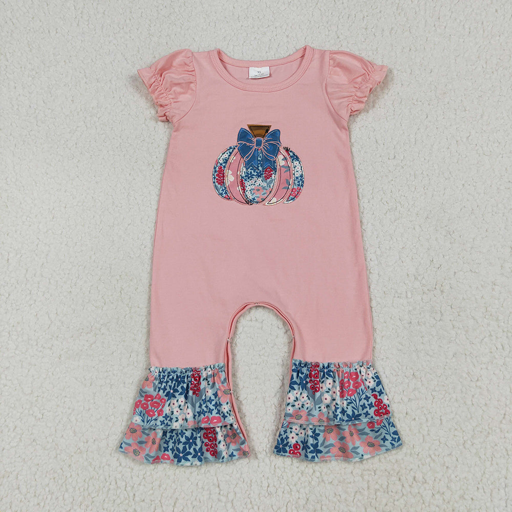 Embroidery Baby Girls Pink Short Ruffle Sleeves Floral Pumpkins Rompers