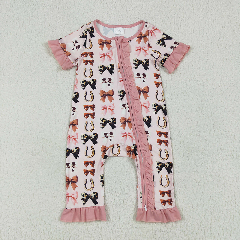 Baby Girls Pink Western Bows Horse Shoes Zipper Rompers
