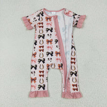 Load image into Gallery viewer, Baby Girls Pink Western Bows Horse Shoes Zipper Rompers
