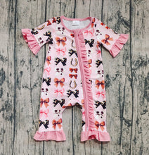 Load image into Gallery viewer, Baby Girls Pink Western Bows Horse Shoes Zipper Rompers
