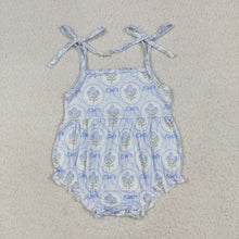 Load image into Gallery viewer, Baby Girls Blue Strap Bows Flowers Plaid Ruffle Rompers
