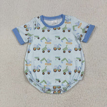 Load image into Gallery viewer, Baby Boys Short Sleeves Blue Excavators Plaid Rompers
