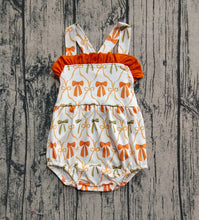 Load image into Gallery viewer, Baby Girls Strap Orange Bows Plaid Ruffle Rompers
