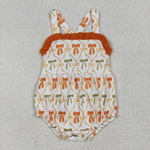 Load image into Gallery viewer, Baby Girls Strap Orange Bows Plaid Ruffle Rompers

