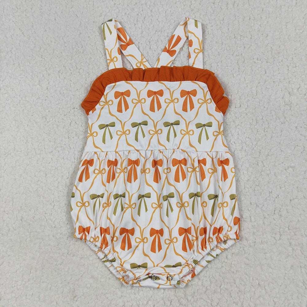 Baby Girls Strap Orange Bows Plaid Ruffle Rompers