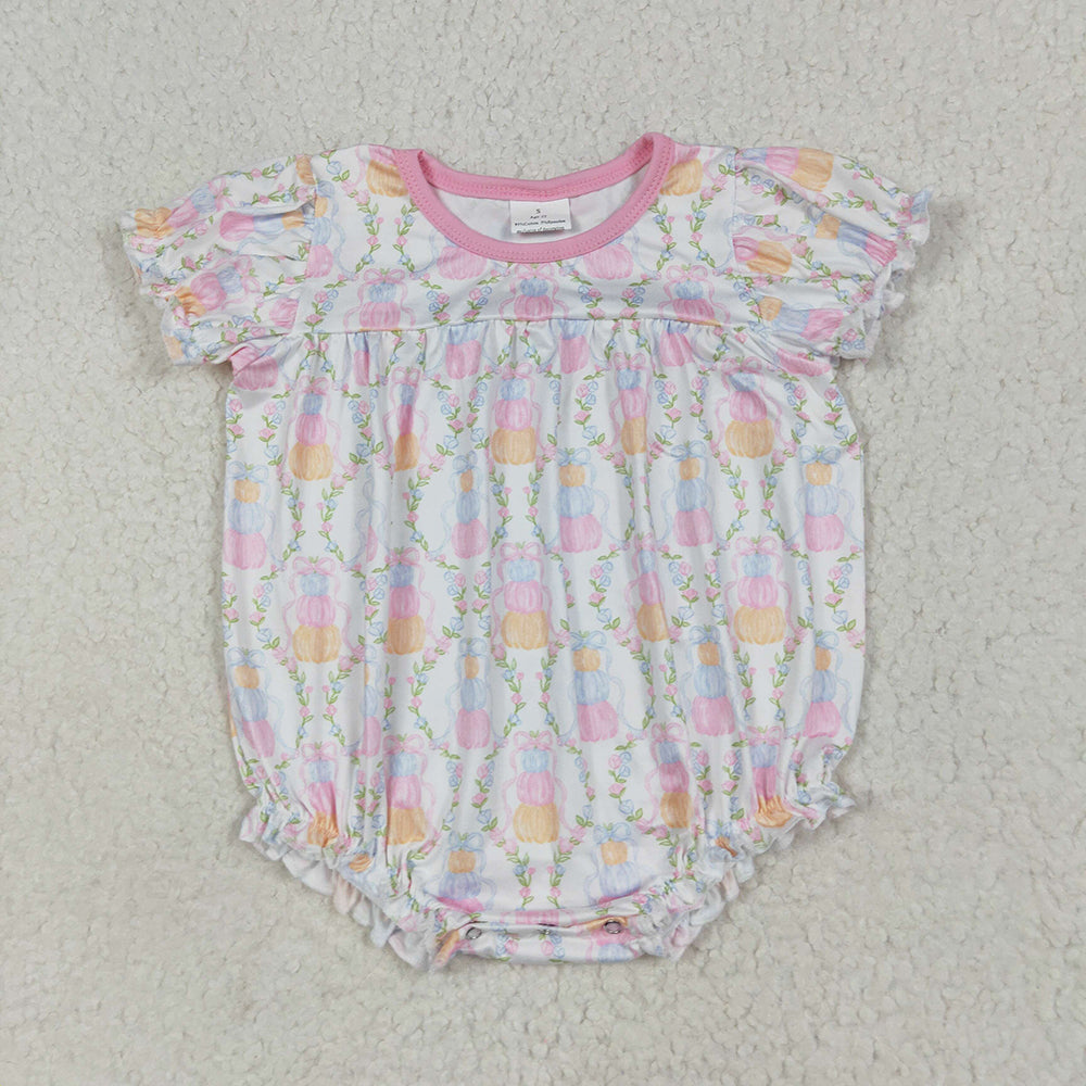 Baby Girls Short Sleeves Pumpkins Bows Plaid Ruffle Rompers