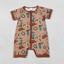 Load image into Gallery viewer, Baby Girls Short Sleeves Brown Boots Hats Western Bull Zipper Rompers
