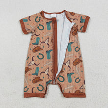 Load image into Gallery viewer, Baby Girls Short Sleeves Brown Boots Hats Western Bull Zipper Rompers
