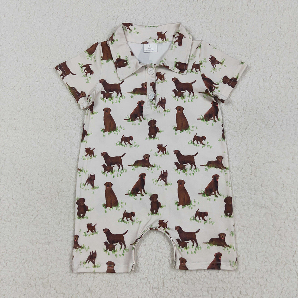 Baby Boys Short Sleeves Button Dogs Plaid Shorts Rompers
