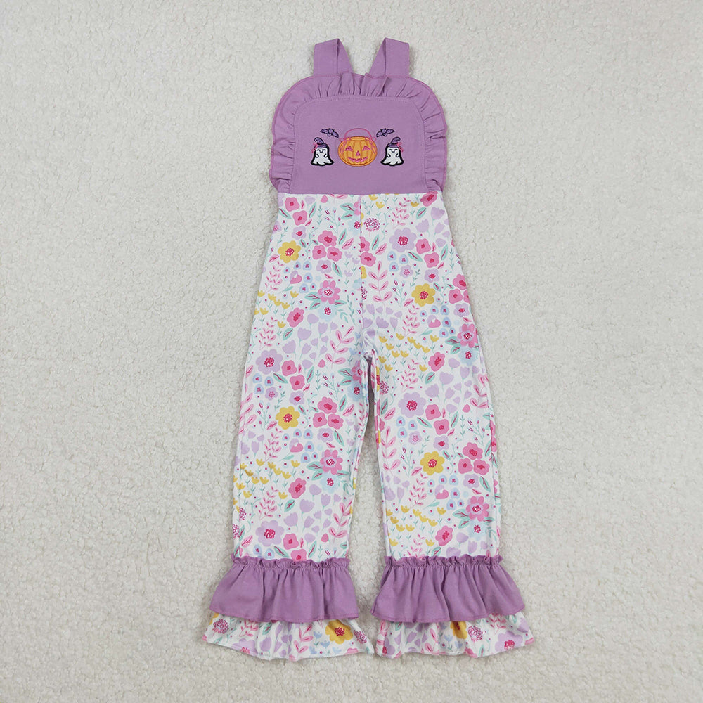 Sibling Embroidery Ghost Pumpkins Baby Girls Strap Floral Fall Halloween Ruffle Jumpsuits