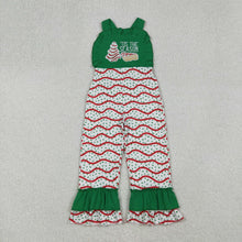Load image into Gallery viewer, Embroidery Baby Girls Green Strap Red Stripe Trees Ruffle Pant Jumpsuits
