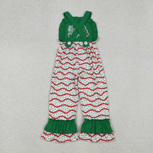 Load image into Gallery viewer, Embroidery Baby Girls Green Strap Red Stripe Trees Ruffle Pant Jumpsuits
