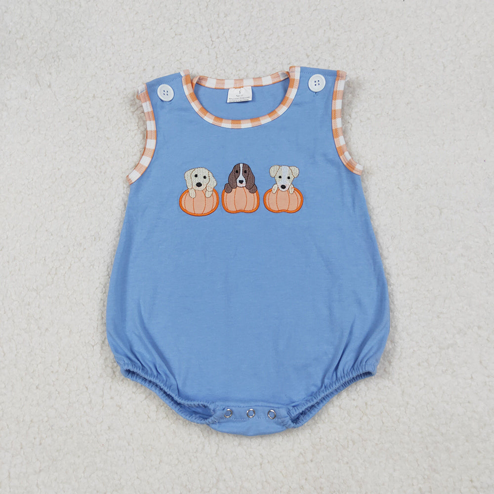 Embroidery Dogs Pumpkins Baby Boys Blue Sleeveless Fall Rompers Preorder