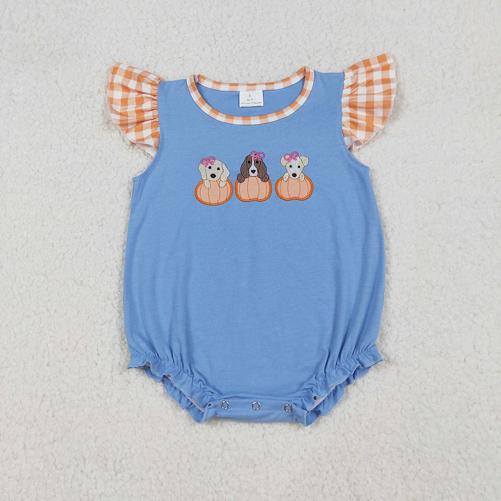 Embroidery Dogs Pumpkins Baby Girls Flutter Sleeves Fall Rompers