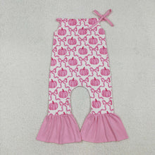 Load image into Gallery viewer, Baby Girls Pink Strap Bows Pumpkins Plaid Bell Bottom Fall Jumpsuits
