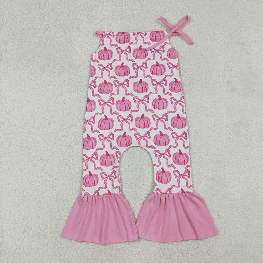 Baby Girls Pink Strap Bows Pumpkins Plaid Bell Bottom Fall Jumpsuits