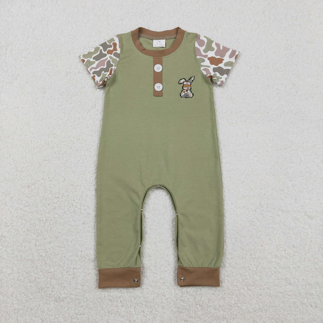 Sibling Baby Boys Girls Embroidery Green Camo Rabbits Rompers