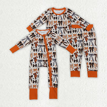 Load image into Gallery viewer, Sibling Baby Kids Orange Black Bows Stars Halloween Pajams Sets Zipper Footie Rompers
