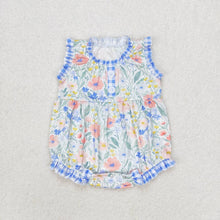 Load image into Gallery viewer, Baby Girls Blue Flowers Checkered Sibling Rompers Dresses Clothes Sets
