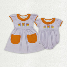 Load image into Gallery viewer, Sibling Baby Girls Embroidery Bows Candy Stripe Pockets Halloween Knee Length Dresses Rompers
