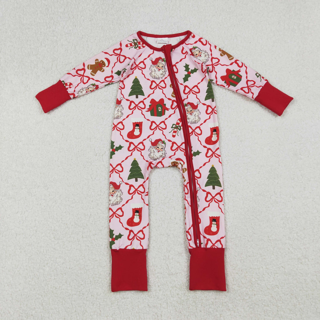 Baby Girls Red Bows Santa Gifts Checked Christmas Zipper Footie Rompers