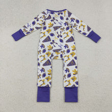 Load image into Gallery viewer, Baby Girls Team Purple Bows Footballs Ruffle Zipper Footie Rompers
