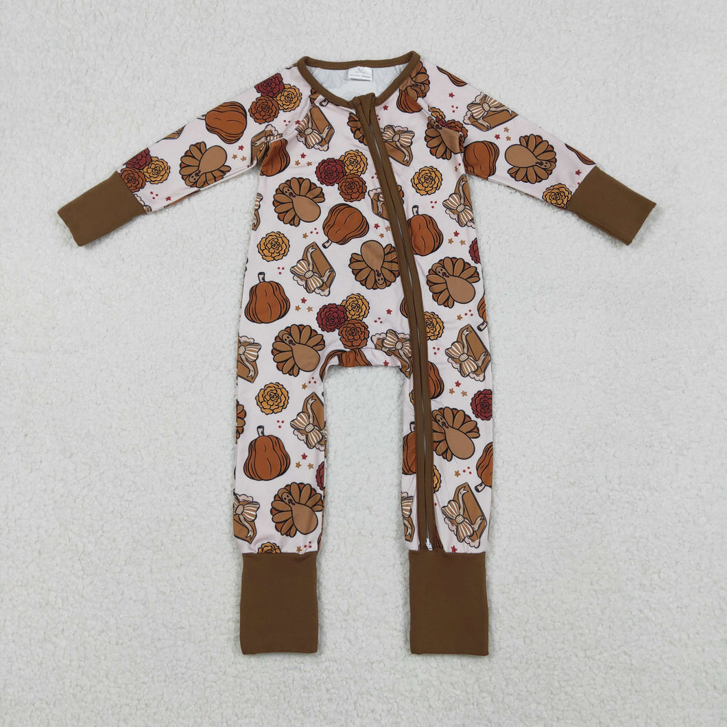 Baby Boys Pie Turkey Pumpkins Thanksgiving Zipper Footie Rompers