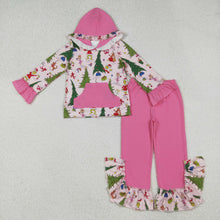 Load image into Gallery viewer, Baby Girls Grin Trees Pocket Hoodie Ruffle Pant Christmas Clothes Set
